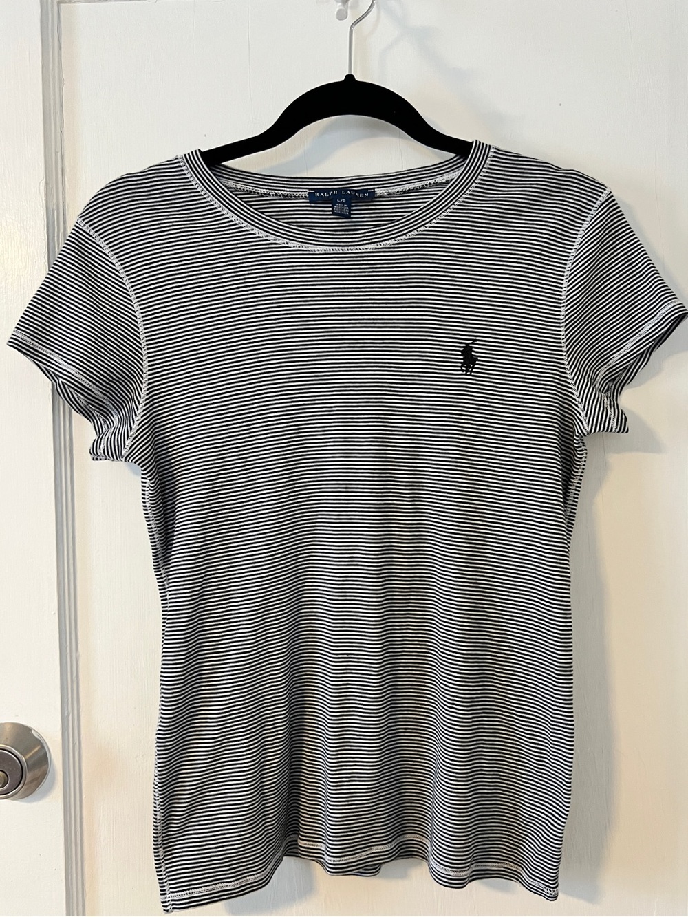 Ralph Lauren Black & White Mini-Stripe Tee size L coastal classic 4th of July
